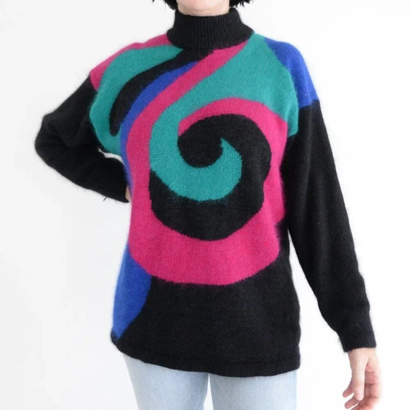 Vintage Braemar by Jeremy Scott Black &  Neon 58% Silk 10% Angora Sweater L - Picture 1 of 12